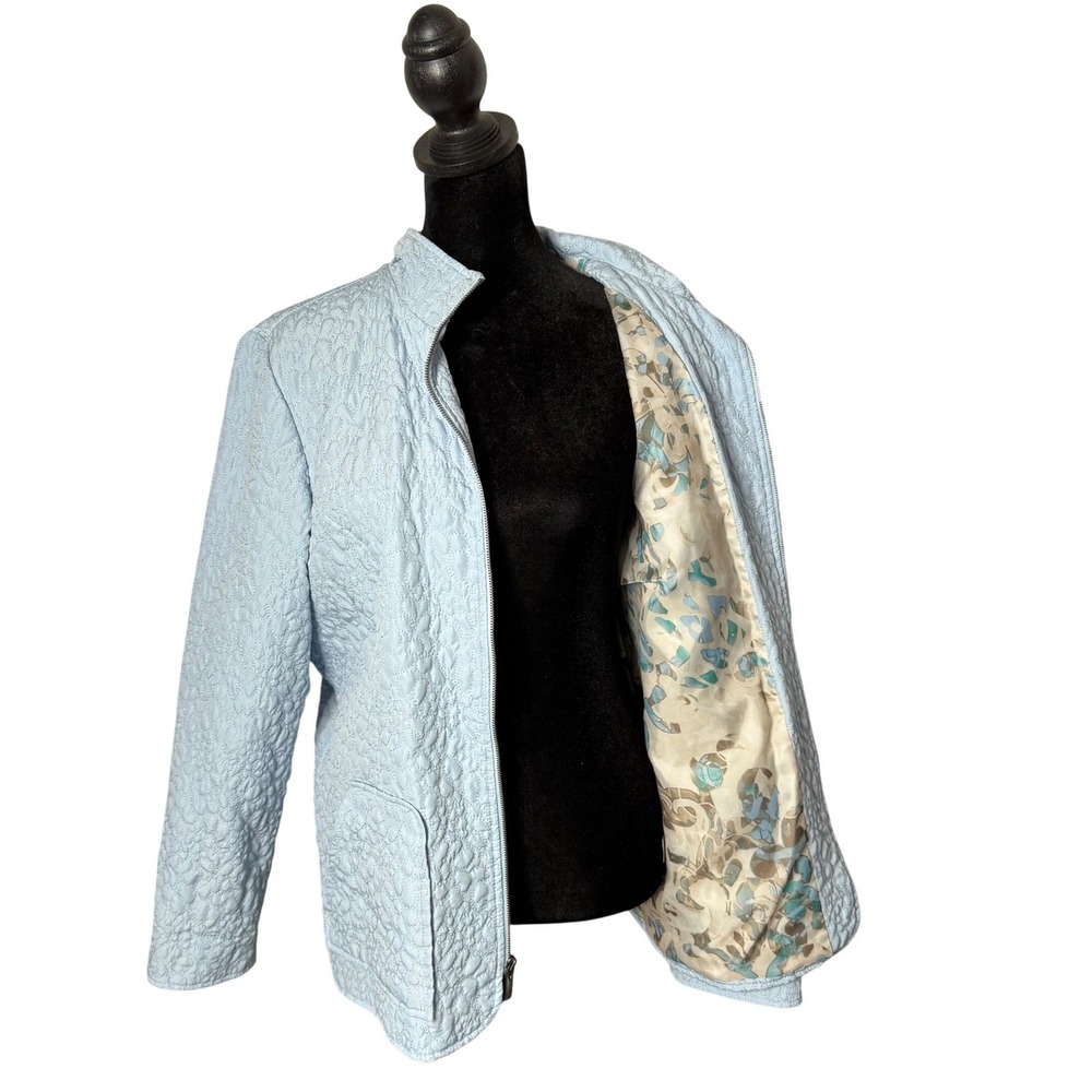 Chicos Quilted Art To Wear Floral Lined Jacket Womens M Blue Embroidered Topper